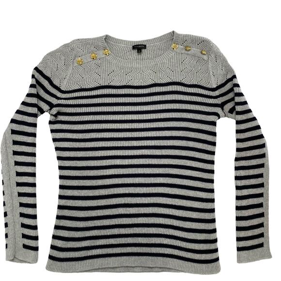 TALBOTS Gray Navy Blue Stripe Button Shoulder Pullover Sweater Size Medium Women - Picture 4 of 11